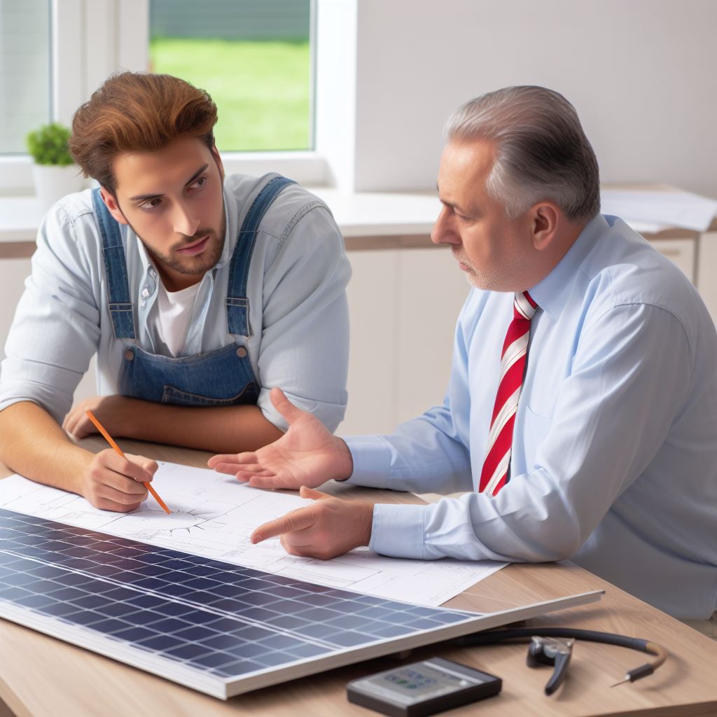  Homeowner and solar installer discussing solar panel installation plans.