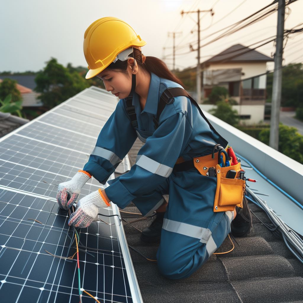 Technician safely wiring solar panels during installation.