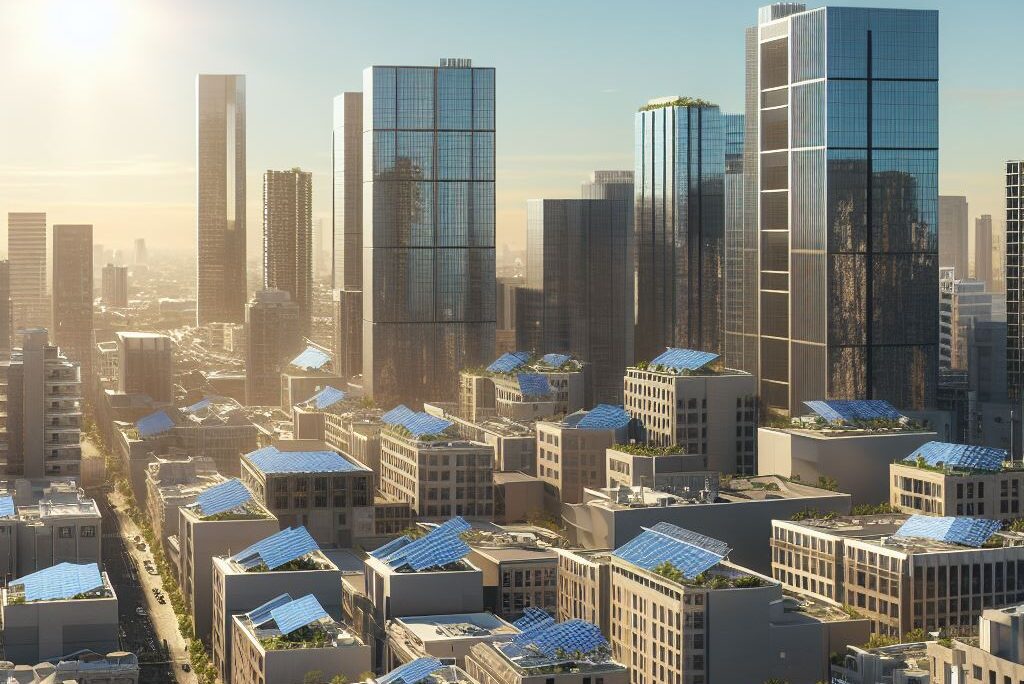 Solar panels on city rooftops under sunny sky in Australia.