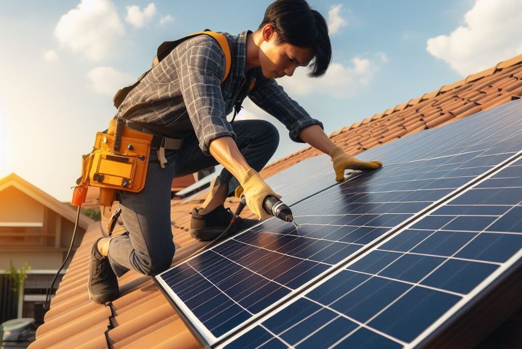 Solar panel installation in progress on a residential roof.